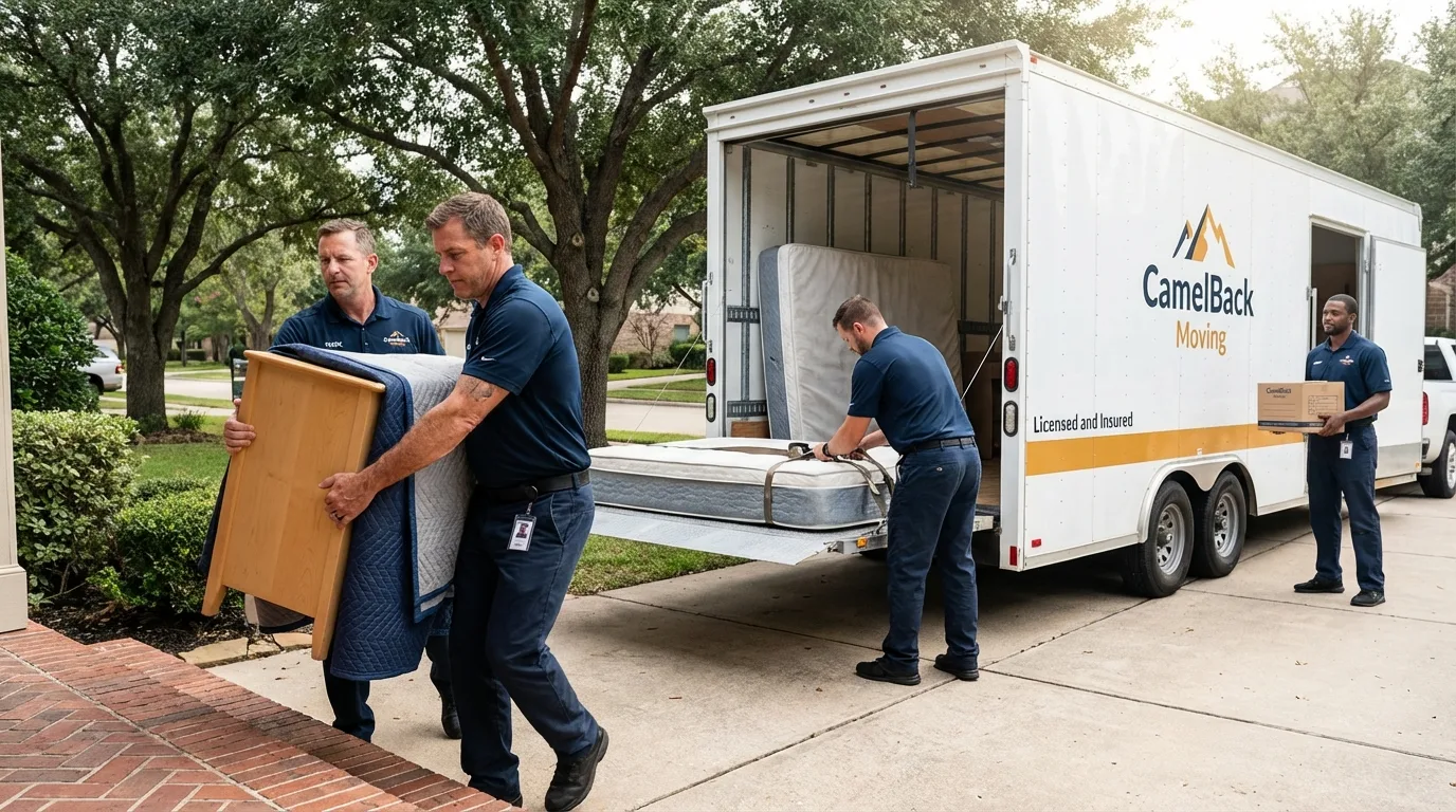 Crew loading residential truck for cross-state move from Mounds, OK