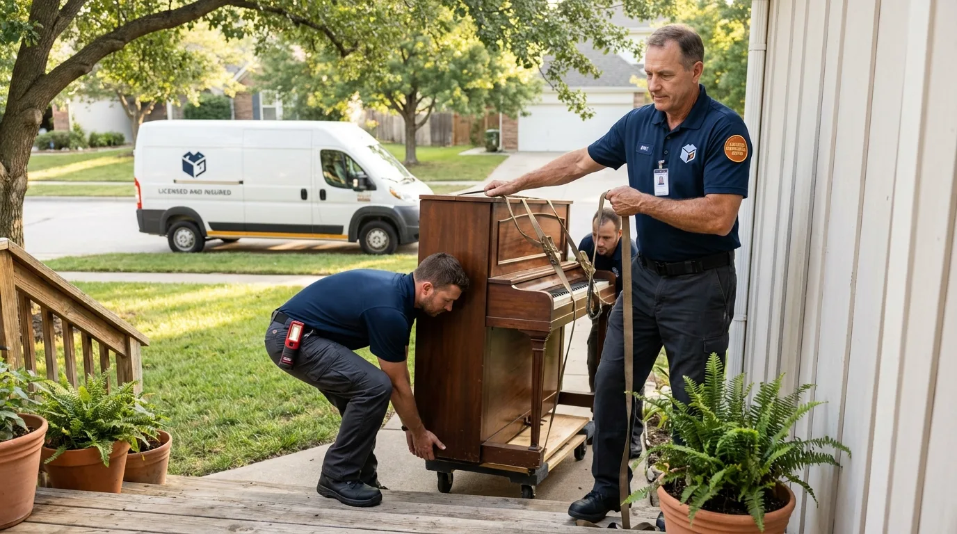 Licensed piano movers securing grand piano in Mounds, OK
